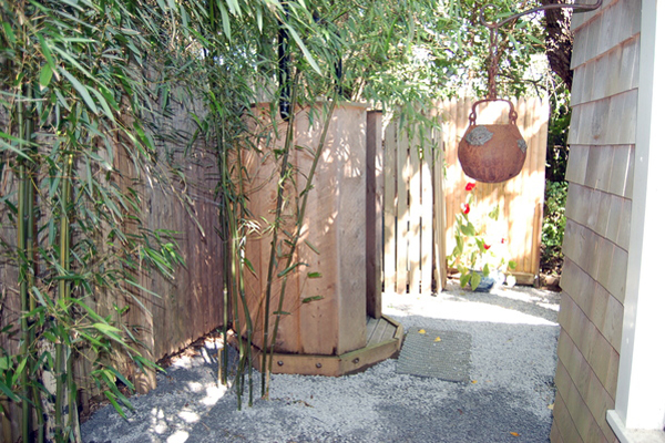 Ron and Laura Race's outdoor shower in Water Mill.  Dawn Watson