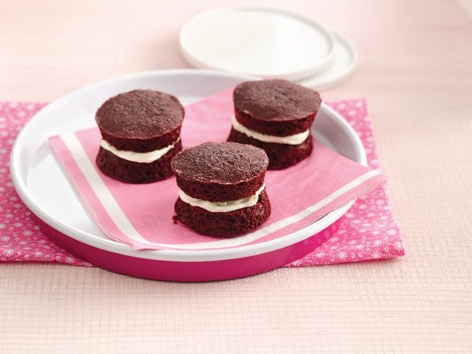 Mini Red Velvet Cheesecake Whoopie Pies from "Hungry Girl 200 Under 200: Just Desserts." By VAL BOURASSA