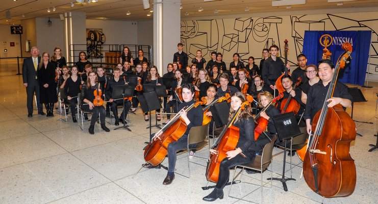 Assemblyman Fred W. Thiele Jr. with students from the Southampton String Orchestra who performed on  March 16 at the Empire State Plaza in Albany in celebration of "Music in Our Schools Month" sponsored by the New York State School Music Association (NYSSMA). The Southampton String Orchestra is comprised of Southampton Intermediate and High School students in grade eight through 12, and is directed by Mrs. Nancy Caine.