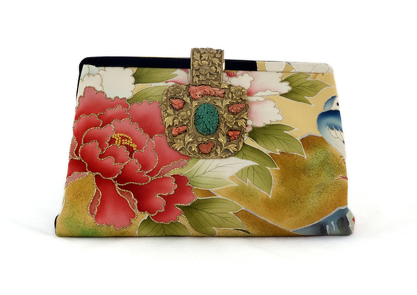 Whimsical Vintage Brass Clasp Adorning Purse Remade from Colorful Asian Textile.