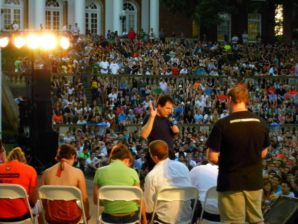 Hypnotized University of Virginia students on stage. COURTESY DELUCA ENTERPRISES