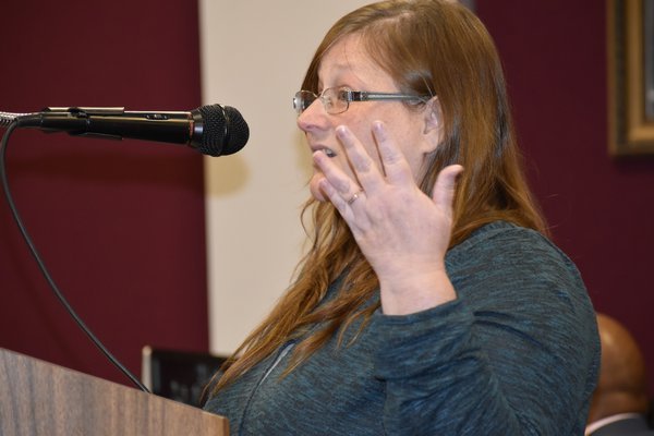 Angela Huneault of Southampton applauded Legislator Robert Trotta for proposing a bill to prohibit the sale of marijuana. VALERIE GORDON
