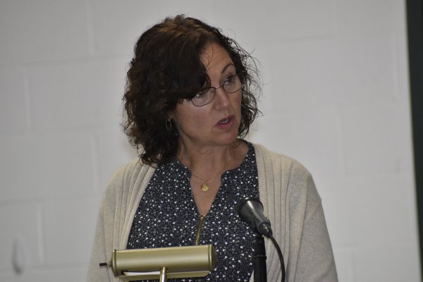 Karen Kooi, co-chair of the East Quogue Village Exploratory Committee, spoke at the public hearing on Monday. VALEIRE GORDON
