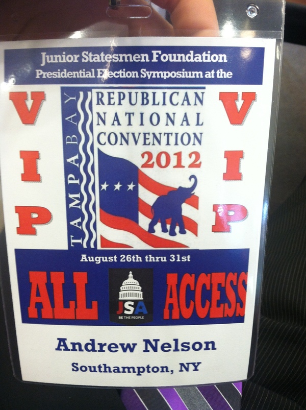 Andrew Nelson's VIP pass.