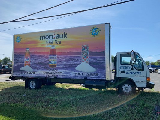 An advertisement for Montauk Iced Tea on a Billboards on Wheels truck in Southampton. BEN KAVA