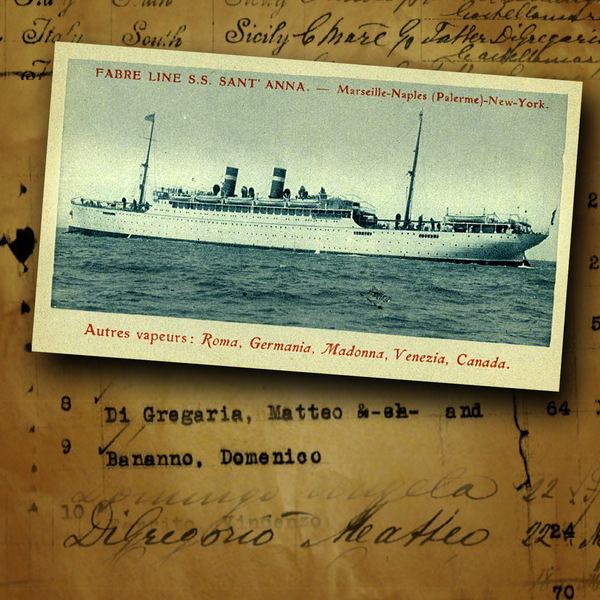 A postcard of the S.S. Sant’ Anna and an immigration list containing the name of Matteo Di Gregorio.   COURTESY LINDA PARIS