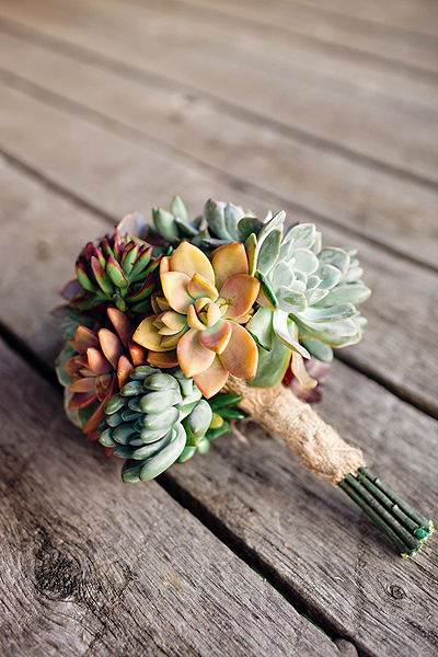 Bridal bouquet made from succulents from The Succulent Source. The bride made the arrangement herself and the plants are now growing at her home, making the bouquet a permanent part of her life.  Lori Line Photography