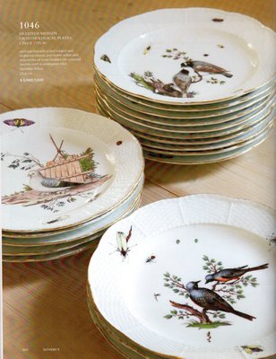 Meissen ornithological plates of beautifully hand-painted detail, articulating every feather and scattered with pretty insects. COURTESY SOTHEBY'S
