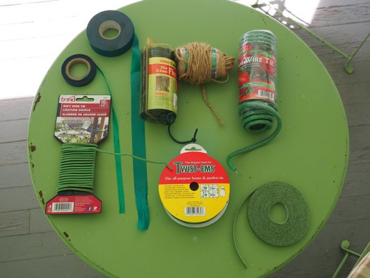 There are plenty of options for tying plants to stakes from flexible ribbons (top left), to natural twine (top center), foam covered wire (top right), Velcro strips (bottom right) and the good old paper covered wire Twist-Ems (center bottom). There’s a tie for every type of connection. ANDREW MESSINGER