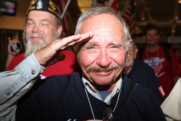 World War II veterans Robert Riskin of Sag Harbor took part in the Honor Flight program on Saturday.