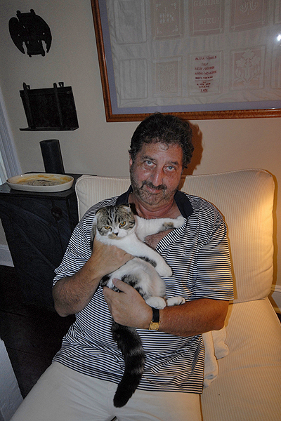 Sag Harbor resident Peter Gethers, here with a furry friend, is the creator of “Old Jews Telling Jokes.”   LESLIE Reingold