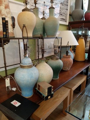 Handmade pottery urns and vases made into lamps at Ruby Beets, they've had them wired and fitted, all you have to do is get a shade. This is an example of looking for things that can be turned into something else. JACK CRIMMINS