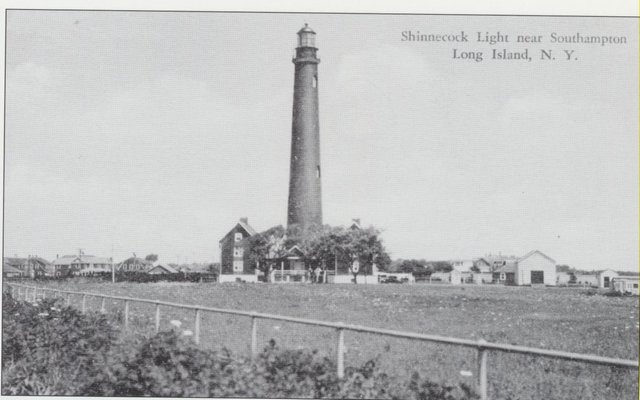 The Ponquogue Lighthouse in the 1930s. Completed in 1858 and also known as the Shinnecock Light and the Great West Bay LIghthouse, it was the only beacon between Montauk Point and the Fire Island Lighthouse. HAMPTON BAYS HISTORICAL SOCIETY