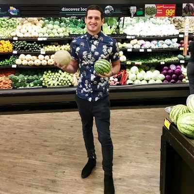 Marley Ficalora in the produce section, location of his video series and inspiration for his new cafe, Plant Based Coffee Shop. Courtesy Marley Ficalora