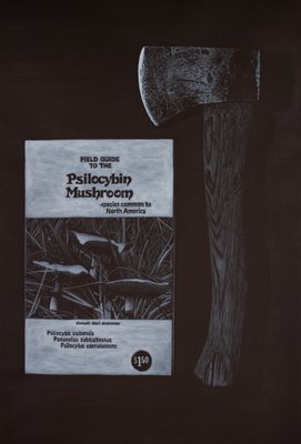 "Mushroom Field Guide and Hatchet," acrylic on paper by Adam Stennett. Adam Stennett