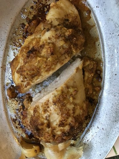 Mustard-coated chicken breast. JANEEN SARLIN