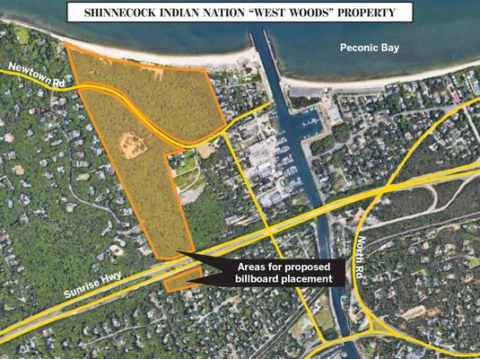Shinnecock Indian Nation "West Woods" Property and areas of proposed billboards.