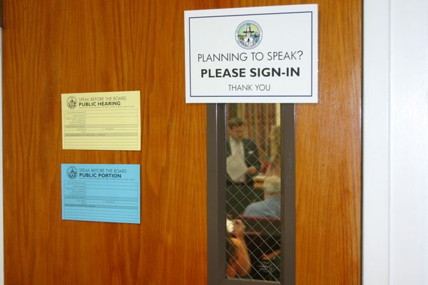 Southampton Town will post an armed security guard outside all Town Board meetings from now on and speakers at public hearings will be asked to sign in outside the meeting room prior to speaking.