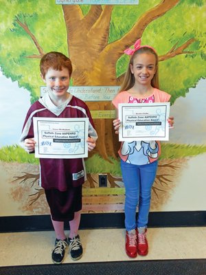 Fourth Graders Sayre McMahon and Kealee Gallo have received the Physical Education Leadership Award given by the Suffolk Zone of New York State Association of Health, Physical Education, Recreation and Dance. By Southampton Schools