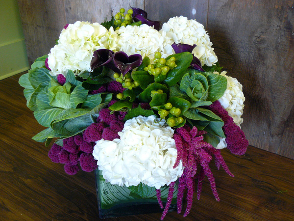 Hydrangea, amaranthus, hypericum, kale and calla lilies blend well together in an arrangement from Thorn Bird Floral Boutique. COURTESY ROBIN PREIATO