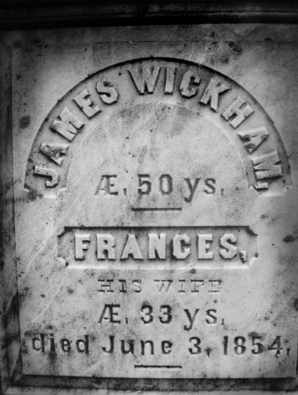 The shared tombstone of James and Frances Wickham.