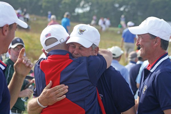September 12: United States team captain Jim Holtgrieve was emotional after watching his squad clinch the Walker Cup win, thanks to Nathan Smith’s victory on the 14th hole in his match with Nathan Kimsey.