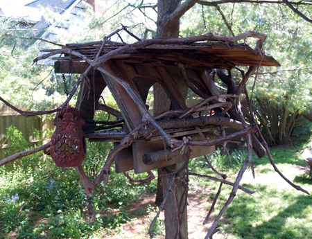 This simple wood and twig structure mimics a natural habitat for birds. JENNETT MERIDEN RUSSELL