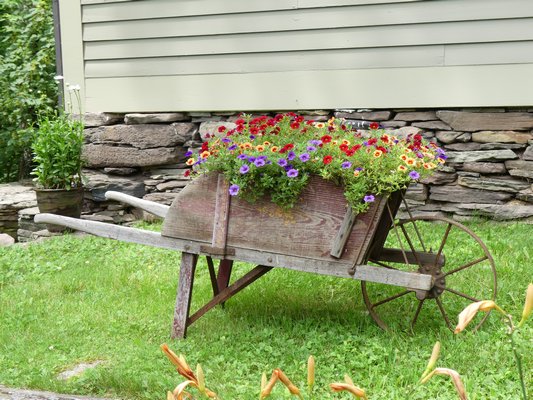 This wheelbarrow dates back to the 19th and early 20th century when the wheels were made of metal and the structure composed of hardwoods with removable sides so items like bales of hay could be loaded on the flat platform. Now, a nostalgic planter. ANDREW MESSINGER