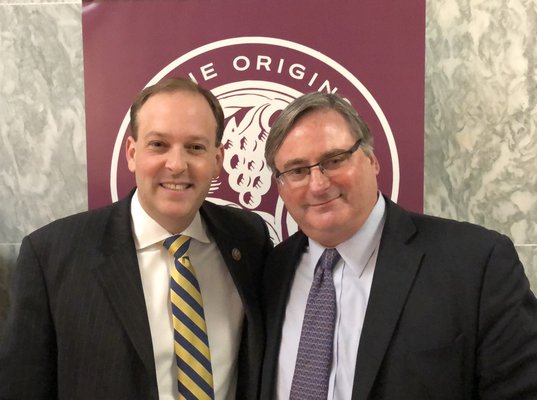 U.S. Representative Lee Zeldin with Chairman of the Long Island Wine Council and NY-1 constituent Steve Bate.   COURTESY OFFICE OF LEE ZELDIN