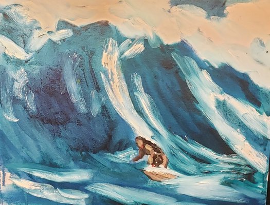 A Mitchell Schorr surf scene oil painting.