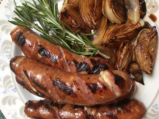 Grilled marinated onions and sausage.