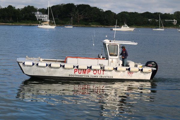 The Southampton Town Trustee pump-out boat dedicated full time to Sag Harbor waters, skippered by Tony Lombardi. It holds up to 600 gallons of effluent.
