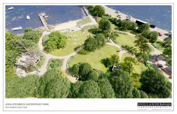 An aerial view of the John Steinbeck Waterfront Park as envisioned by landscape architect Edmund Hollander.