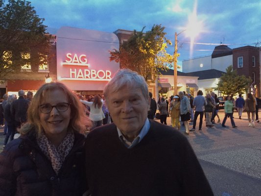 Chris Hegedus and DA Pennebaker at the re-lighting of the Sag Harbor Cinema sign.