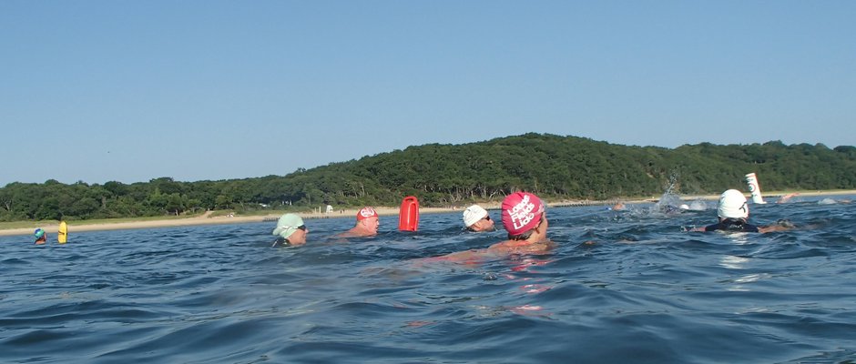 After a warmup swim, the group does a series of short sprints around a triangular course.