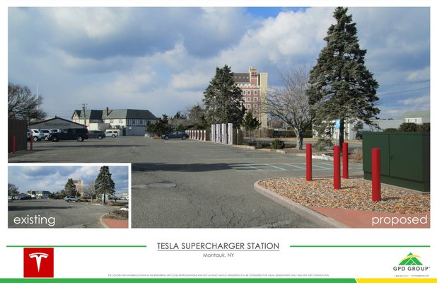 Proposed charging stations for Tesla vehicles and other electric cars in the Montauk Village Parking Lot. COURTESY NATURAL RESOURCES DEPARTMENT