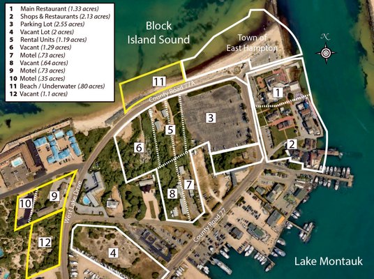 The Gosmans have already sold four properties, highlighted in yellow, to corporations owned by Merkourious Angeliades, and have signed a memorandum of lease for all nine other properties, including the Gosman's Dock complex.