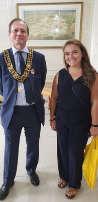 Mayor Peter Baillie of Southampton, England, left, with Mara Terchunian of Westhampton Beach. COURTESY ARAM TERCHUNIAN