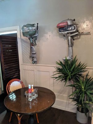 Vintage boat engines used as decor at The Tackle Box. JENNIFER CORR