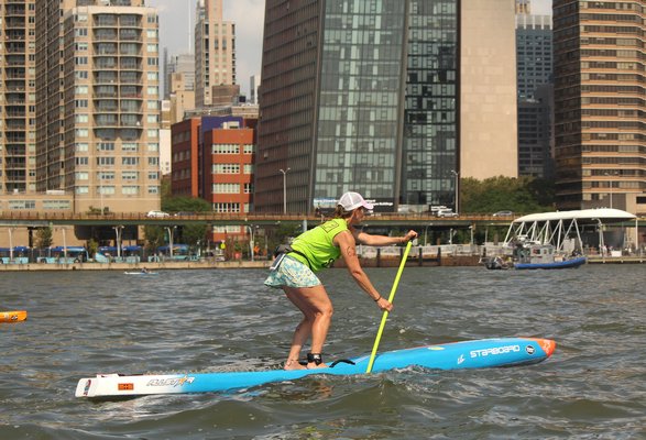 Evelyn O'Doherty of Amagansett, participated in a 25-mile paddleboard event for charity on Saturday in New York City. COURTESY EVELYN O'DOHERTY
