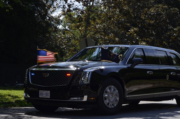 The limousine with President Donald Trump and Senator Lindsey Graham inside heading down Pauls Lane for the fundraiser at Joe Farrell's Bridgehampton residence. ANISAH ABDULLAH