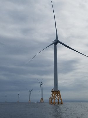 The five wind turbines of the Block Island Wind Farm, which was built by Deepwater Wind.