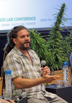 Farmer David Falkowski of Open Minded Organics with a hemp plant.