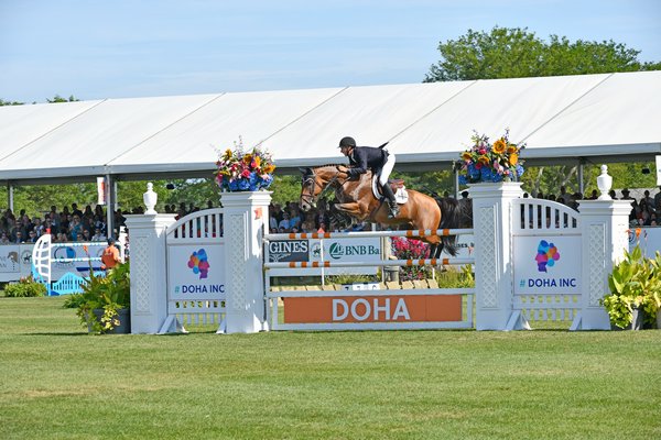 Mario Deslauriers rides Bardolina 2 during the jump off at the 2019 Hampton Classic Horse Show.   DANA SHAW