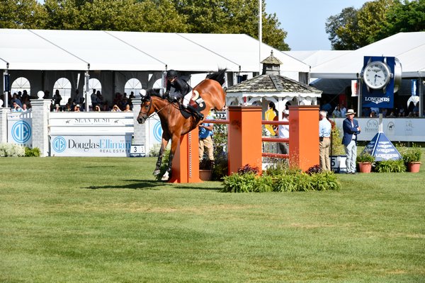 Lucy Deslauriers during the jump off at the 2019 Hampton Classic Horse Show Grand Prix. DANA SHAW