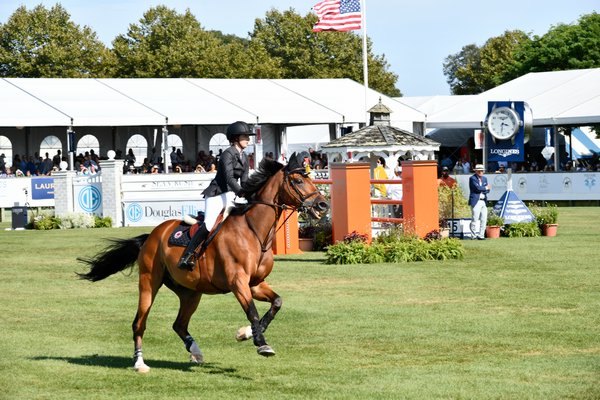 Lucy Deslauriers during the jump off at the 2019 Hampton Classic Horse Show Grand Prix. DANA SHAW