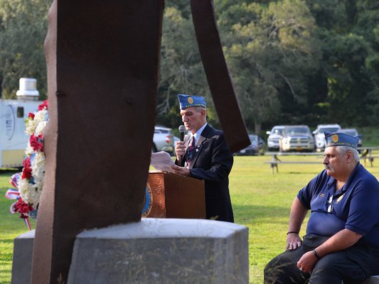 The East Hampton Sons of the American Legion dedicated a 9/11 memorial on the grounds of the American Legion Post in Amagansett on Wednesday.   KYRIL BROMLEY