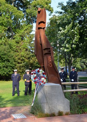 The East Hampton Sons of the American Legion dedicated a 9/11 memorial on the grounds of the American Legion Post in Amagansett on Wednesday. KYRIL BROMLEY