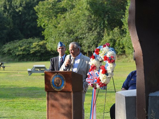 The East Hampton Sons of the American Legion dedicated a 9/11 memorial on the grounds of the American Legion Post in Amagansett on Wednesday. KYRIL BROMLEY