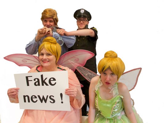 Front row, left Betsy Weinberger and Aurora Berty as fairies. Back row, Bill Gillis as Mr. Lump and Julian Garcia as a policeman in East End Special Players' production of 